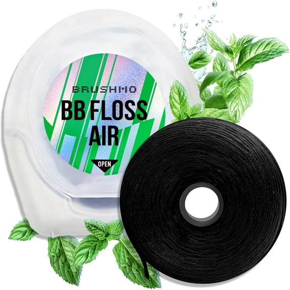 Brushmo Air Thin Black Expanding Woven Dental Floss, Soothing Mint, Natural Wax, Dentist-Designed, Vegan, 1 Spool (55yd)