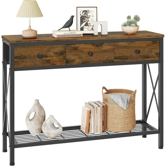 Entryway Table, 39.8" Console Table with 3 Fabric Drawers Narrow Console Table with 2-Tier Storage Shelves,Display Shelf for Living Room, Hallway, Entrance, Foyer, Office Rustic Brown