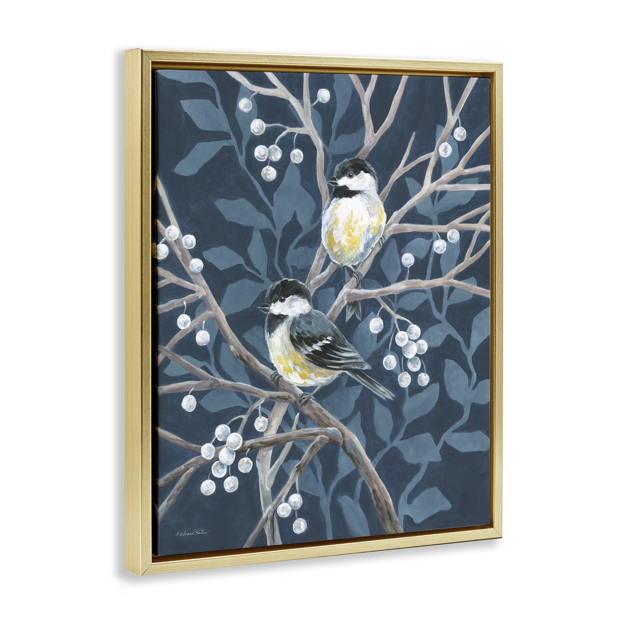 Stupell Industries Chickadees on Winter Berries Gold Framed Floater Canvas Wall Art, design by Diane Kater