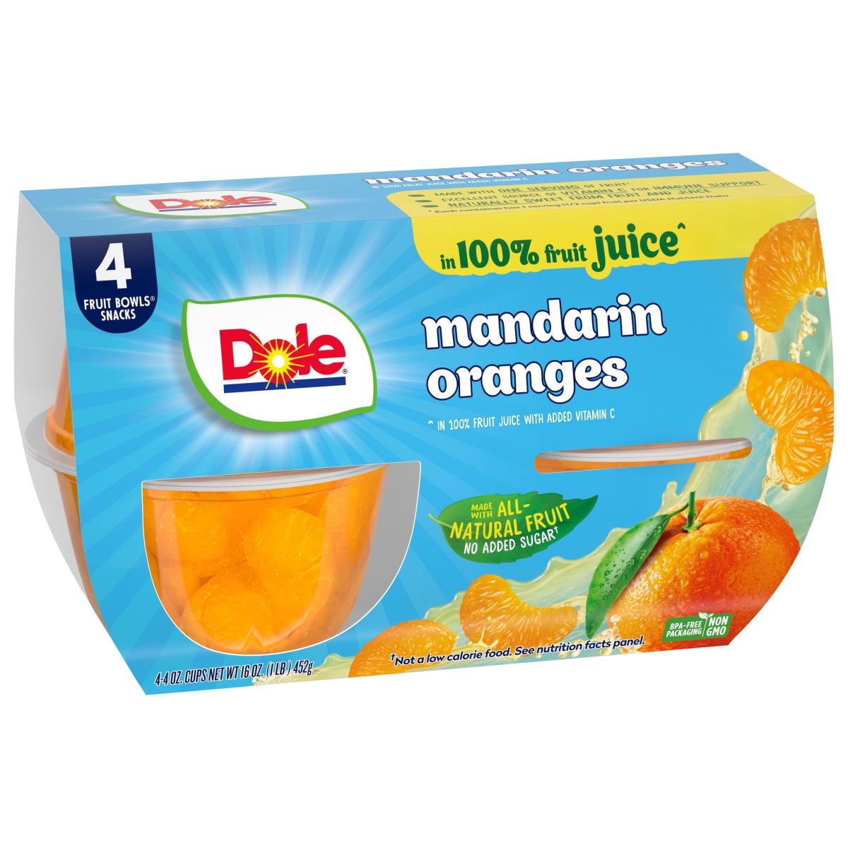 (4 pack) Dole Fruit Bowls Mandarin Oranges in 100% Fruit Juice, 4 oz Cups (4 Pack)