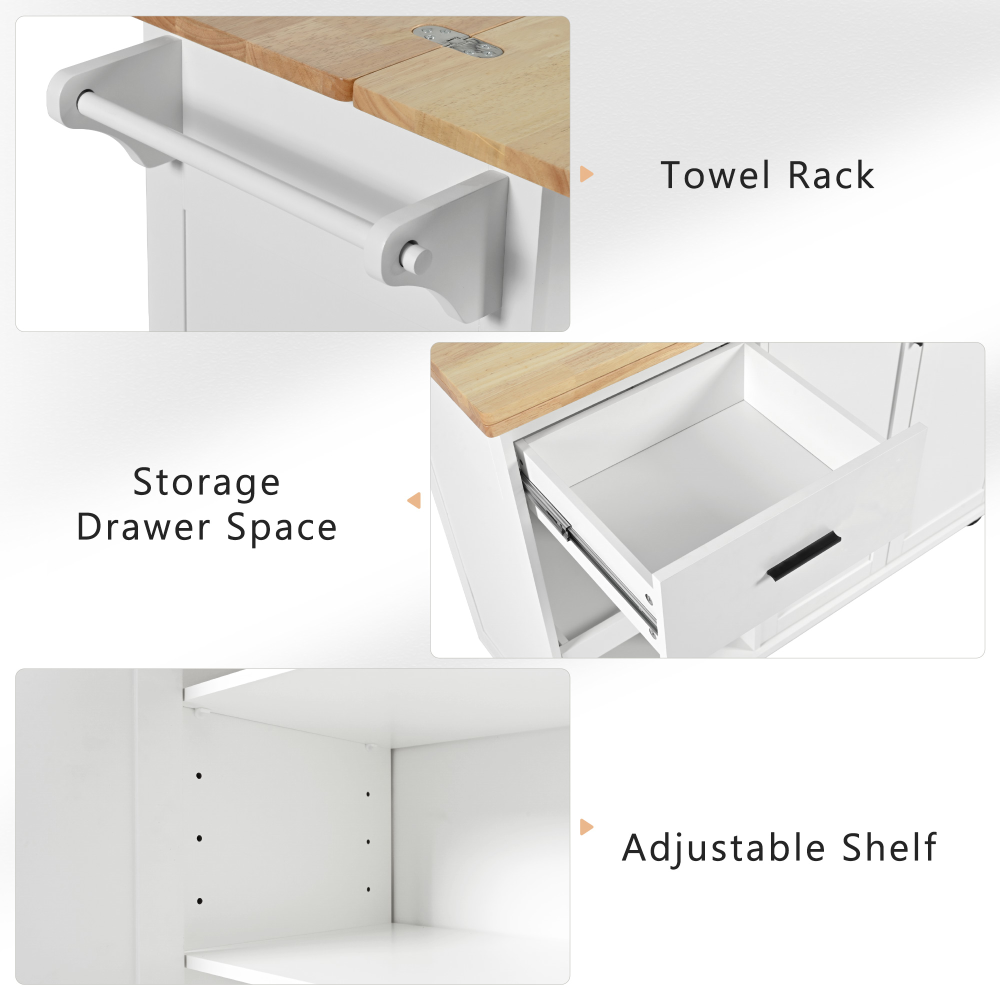 Yoneston Kitchen Island with Foldable Counter Top, Rolling Kitchen Cart with Slide-Out Shelf, Towel Rack and Drawer 2 Doors for Kitchen, Dining Room, White