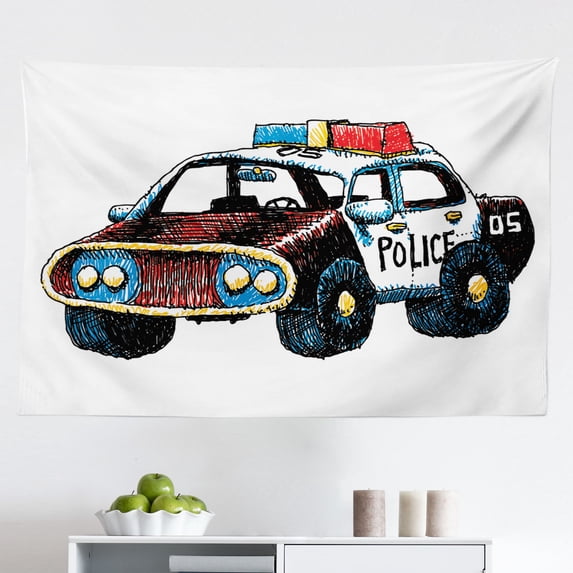 Police Tapestry, Doctors Blue House British Landmark Phone Box Police Call Image Art Print, Fabric Wall Hanging Decor for Bedroom Living Room Dorm, 2 Sizes, Blue and White, by Ambesonne