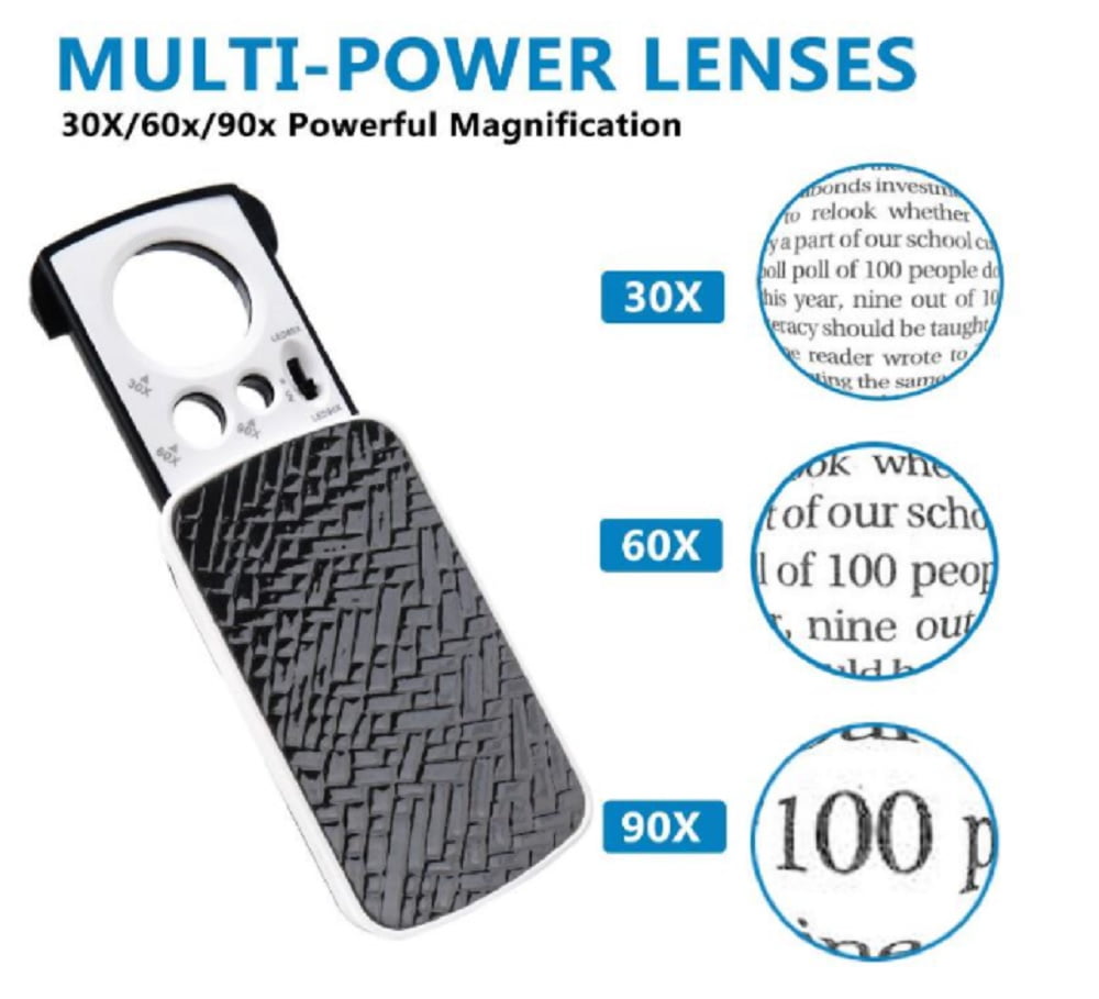 LED Magnifying Glass 30X 60X 90X 3 Lens UV Light Loupe Magnifier Loop Jewelry 