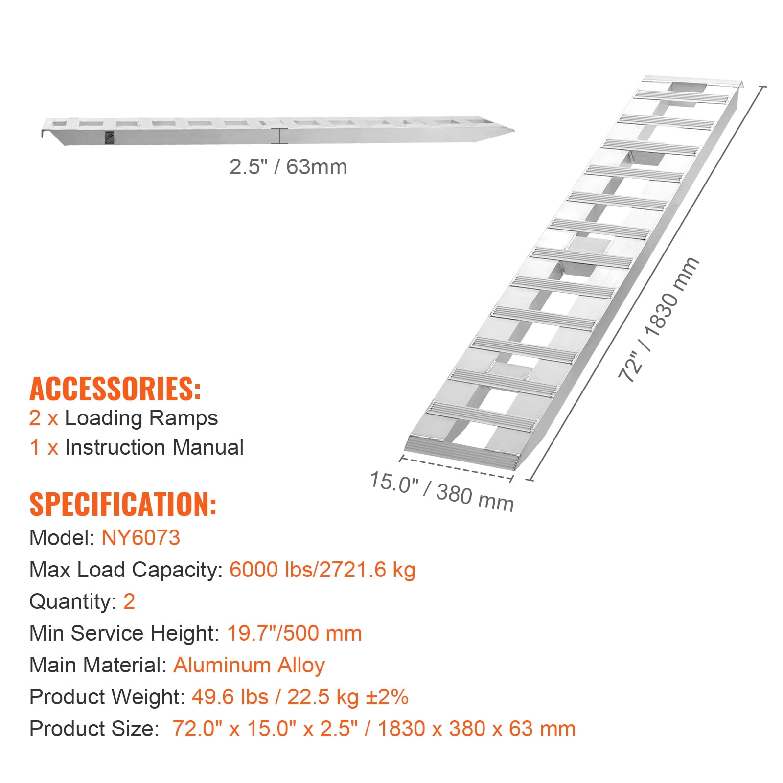 KFFKFF 72" x 15" Aluminum Ramps, 6000 LBS Load Support, Suitable for Motorcycles, Dirt Bikes, Trailers, ATVs, UTVs, Garden Tractors, Lawn Mowers, Set of 2