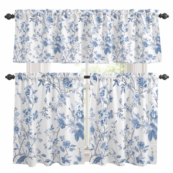 Blue White Spring Floral Kitchen Curtains Sets for Windows 36 Inch Length, Summer Botanical Birds Rod Pocket Window Treatments Tier Curtains and Valances Set for Bedroom/Bathroom