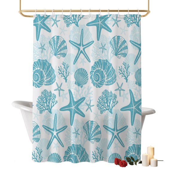 Summer Green Ocean Bathroom Shower Curtains with Hooks, Coastal Nautical Beach Starfish Seashell Coral Waterproof Fabric Washable Shower Curtain for Home Hotel Bathtub Decor 60x72 Inch
