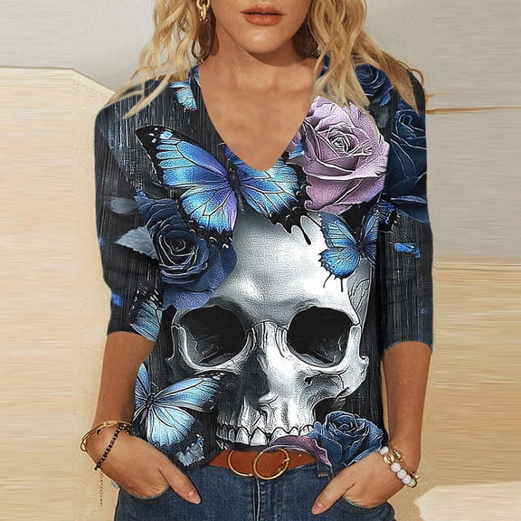 Craaazy Halloween Plus Size Casual Tops for Women Solid Color V Neck 3/4 Length Sleeve Halloween Printed Stretch Autumn Festival Daily Wear Blouse