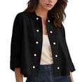 thumbnail image 2 of Women's Cotton Linen Button Down Shirts Casual 3/4 Sleeve Double-Breasted Collared Work Blouses Lightweight Cardigan Black S, 2 of 7