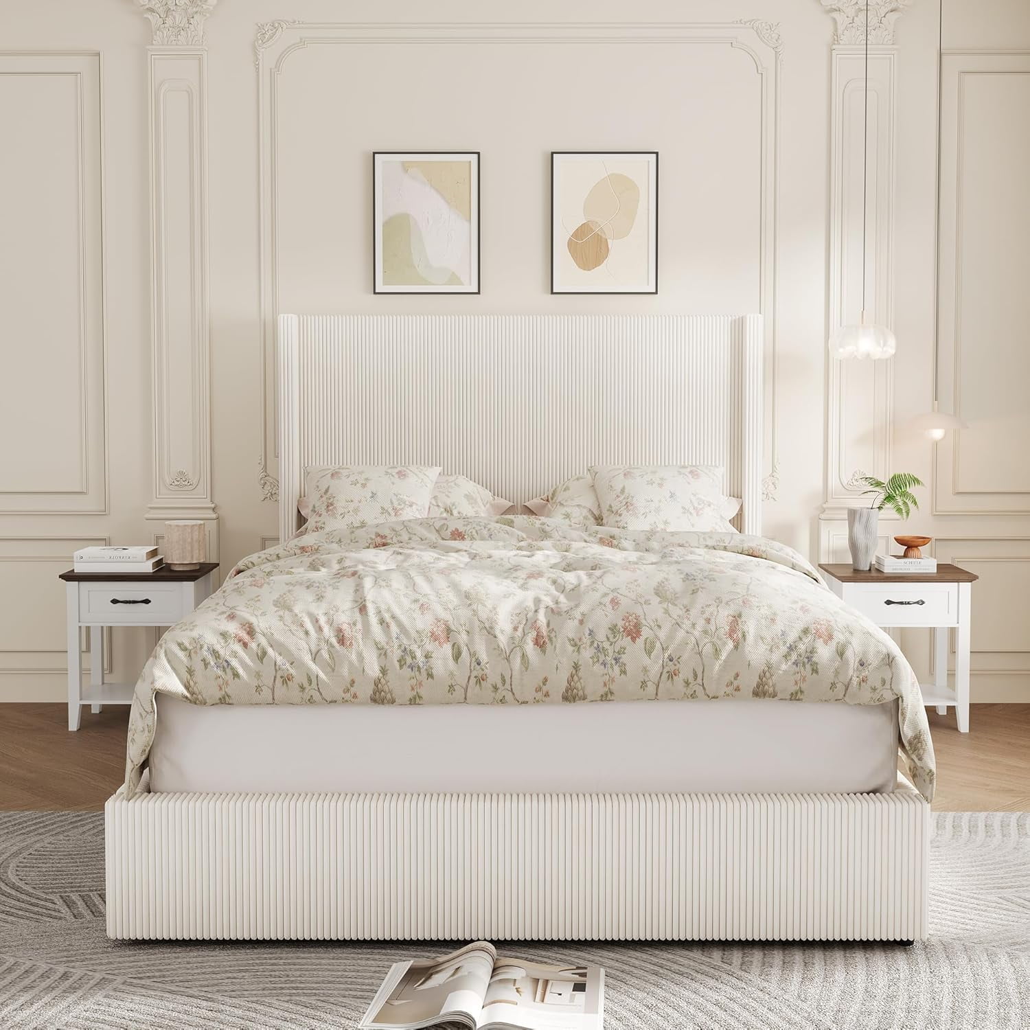 Queen Size Bed Frame with Storage Drawers, Corduroy Upholstered Platform Bed with Wingback, Tufted Headboard and Footboard, No Box Spring Needed, Beige