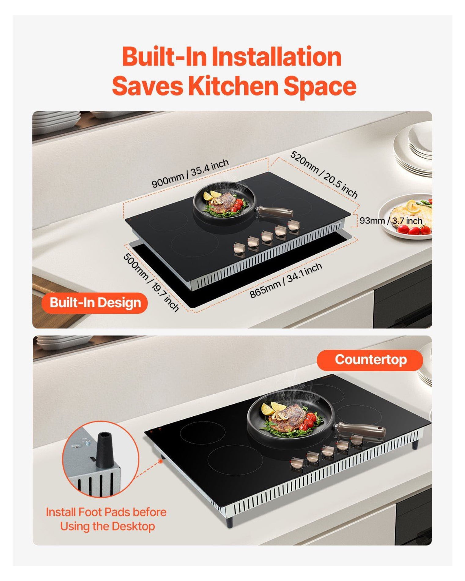 9200W 5 Burner Induction Cooktop - Electric Countertop Cooker with Knob Control, 36 Inch Built-in Cooktop, 12 Power Levels, Microcrystalline Glass Panel
