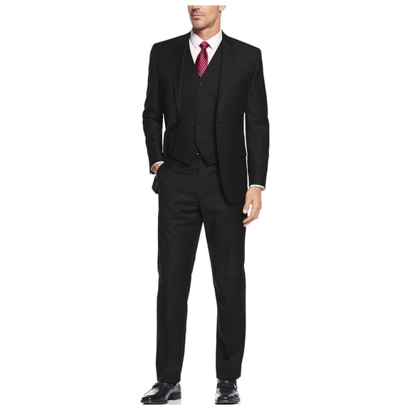 Mens Ticket Pocket Three Piece Black Modern Fit Vested Suit