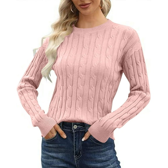 Classic Cable Knit Sweaters Womens Long Sleeve Lightweight Soft Pullover Sweater Dressy Casual Fall Basic Tops Pink, M