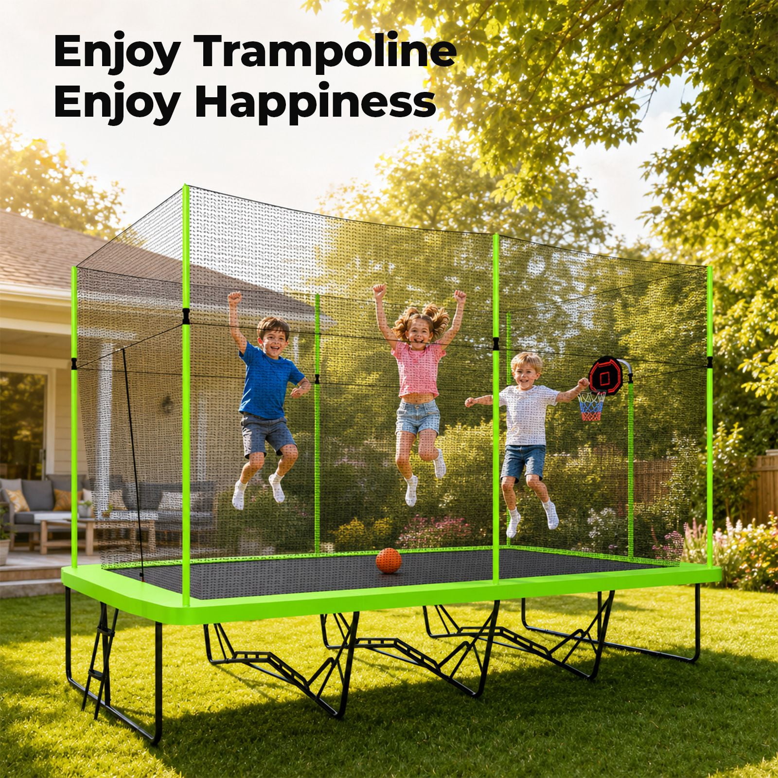 Alvantor 10x17 ft Rectangle Trampoline for Kids, Outdoor Trampolines with Basketball Board and Ladder for Gymnastics Green