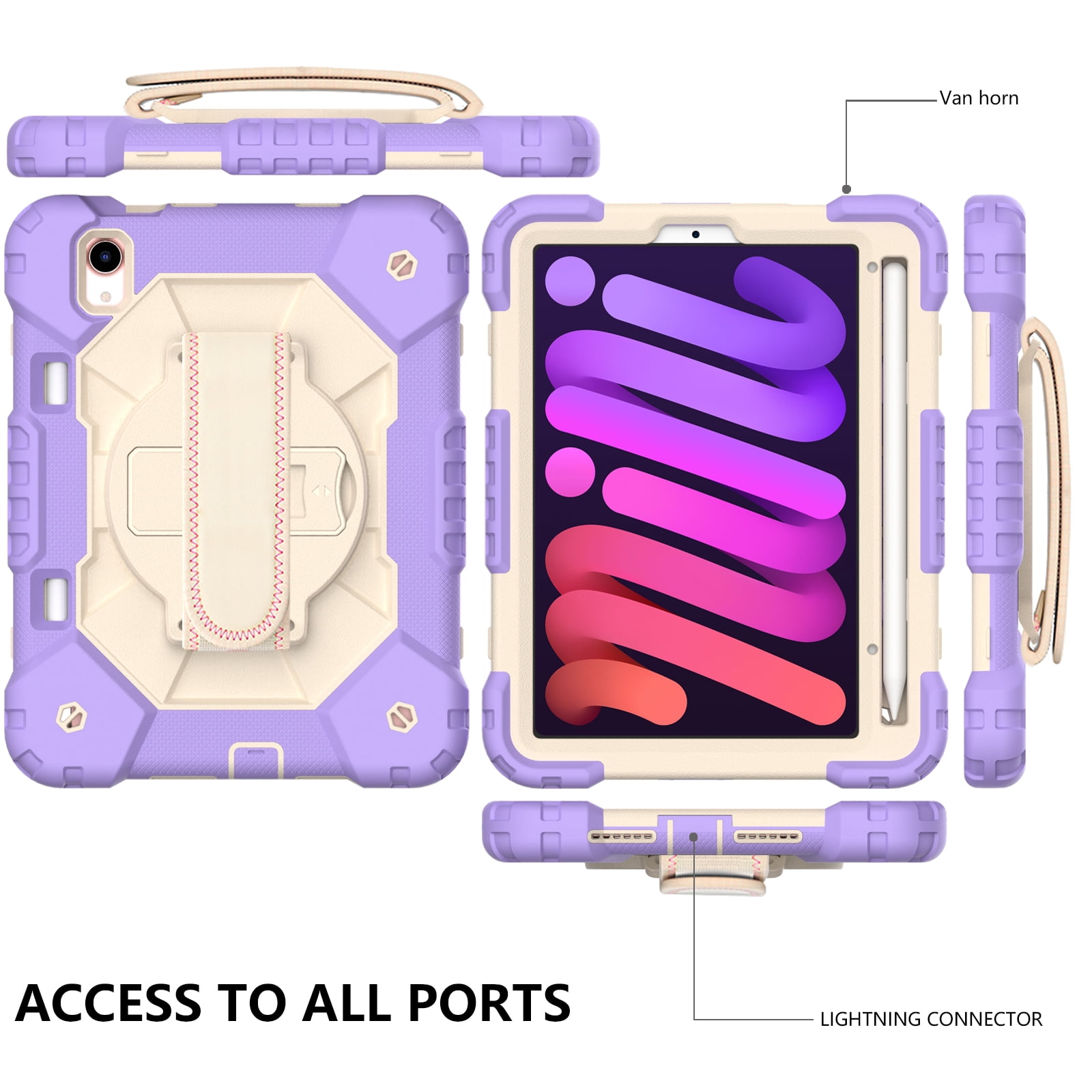 Case for iPad Mini 6 2021 8.3-inch, Kids Shockproof Rugged Hybrid 360 Rotating Stand Cover with Hand Shoulder Strap/Pencil Holder
