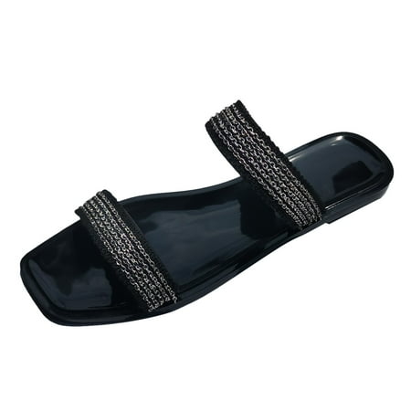 

QYZEU Women Sandal Womens Slipper Moccasins Womens Shoes Summer Slippers Metal Chain Square Toe Slippers Fashion Flat Plus Size Metal Chain Slippers