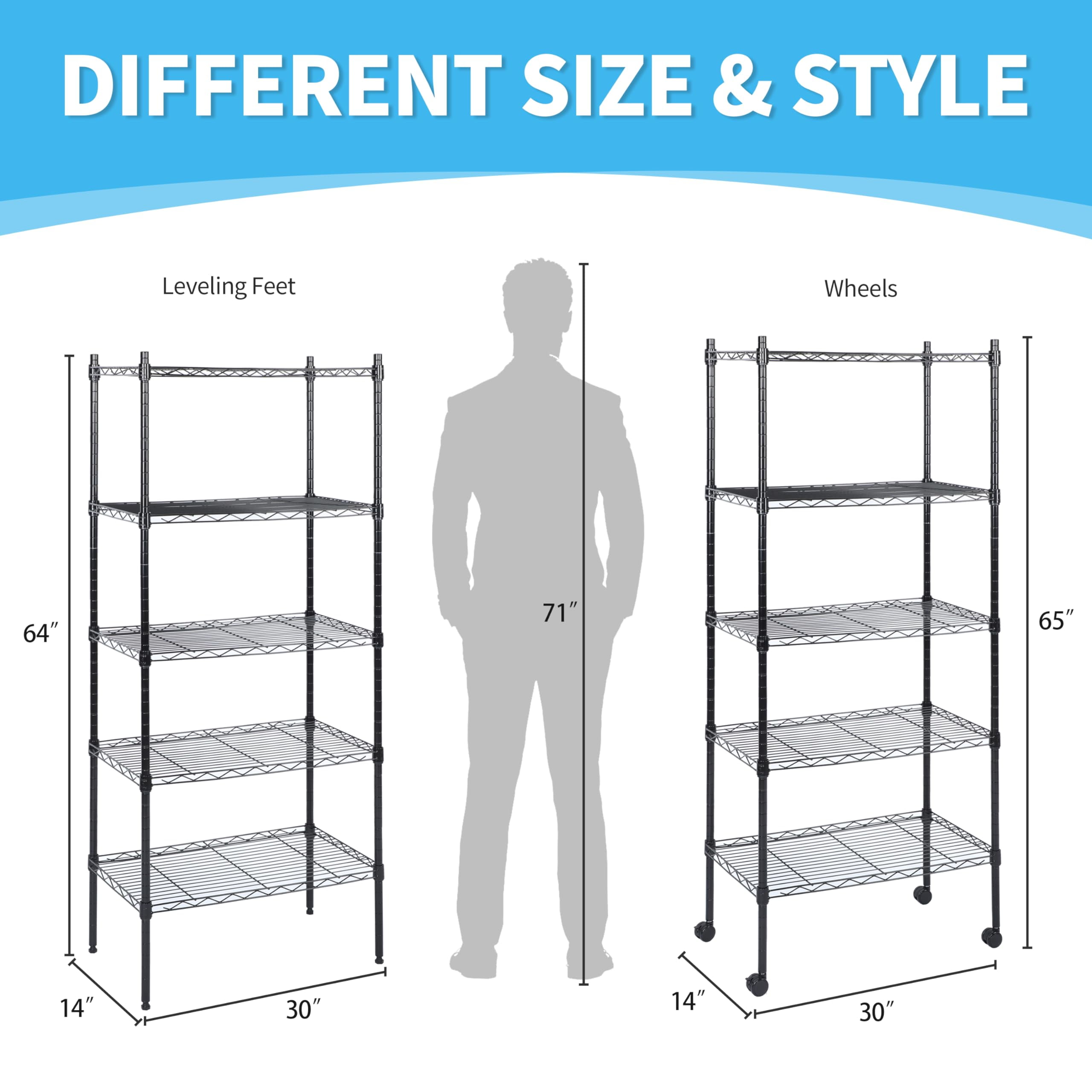 5-Tier Shelving Units Adjustable,Wire Shelf with 1000 lbs Capacity with Wheels & Leveling Feet,Black
