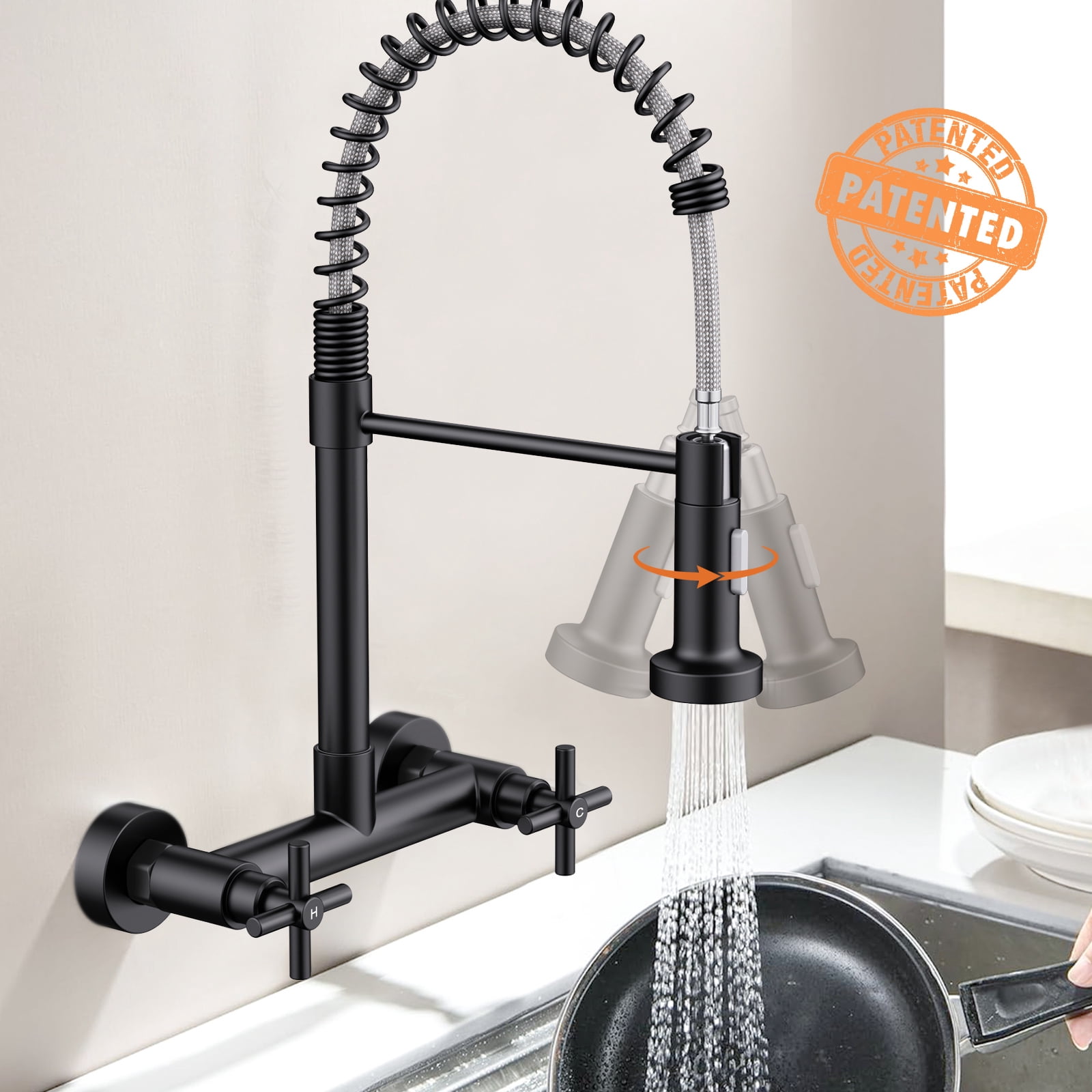 KINGTACK Wall Mount Kitchen Faucet,8 inch Commercial Sink Faucet with Sprayer, Dual Handles Utility Sink Faucet for Kitchen Laundry Restaurant, Matte Black
