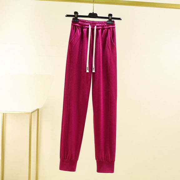 ctdiral Fall Cotton Sweatpants for Women Elastic Waisted Drawstring Long Pants Solid Color Baggy Tapered Pants Casual Lightweight Thin Straight Trousers with Pockets Hot Pink S