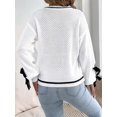 thumbnail image 4 of Women Knit Crew Neck Contrast Lantern Long Sleeve Pullover Sweater with Decorative Cuff Straps White M, 4 of 9