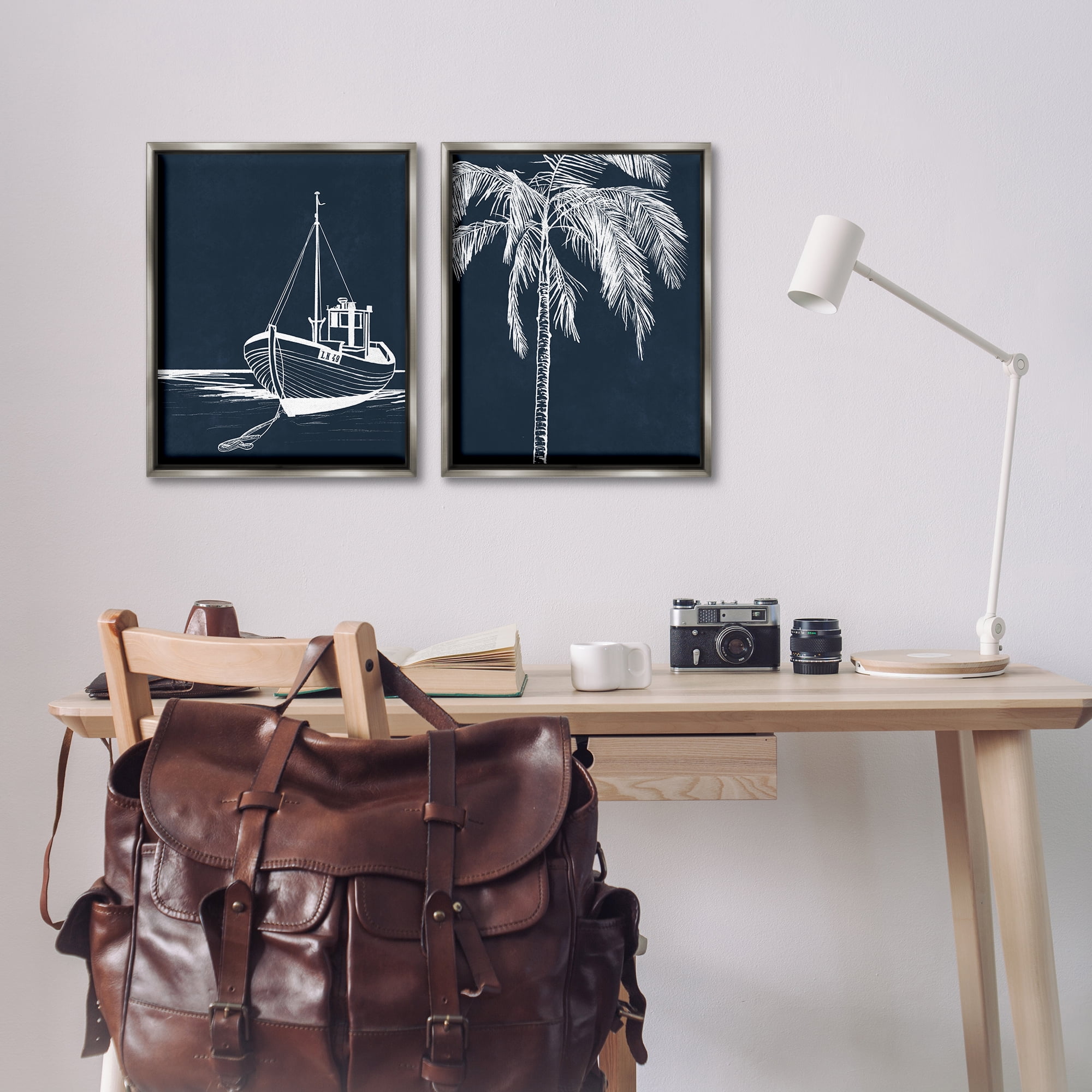 Stupell Industries Blue Boat & Palm Transportation Painting Gray Floater Framed Canvas Art Print Wall Art, 17 x 21, Set of 2