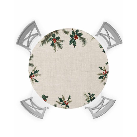 nqOlkjepod Christmas Round Tablecloth, Fitted Table Cover with Elastic for 45"-54" Round Tables, Green Xmas Botanical Berry Rustic Table Cloth Outdoor Indoor Dinning Party Waterproof Tablecloths