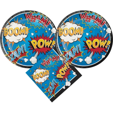 Superhero Party Supplies Bundle with Plates and Napkins for 16 Guests