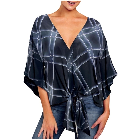 Women's V-Neck Tie Front Top, Loose Fit Printed Blouse with Middle Sleeves, Casual Shirt for Spring and Summer