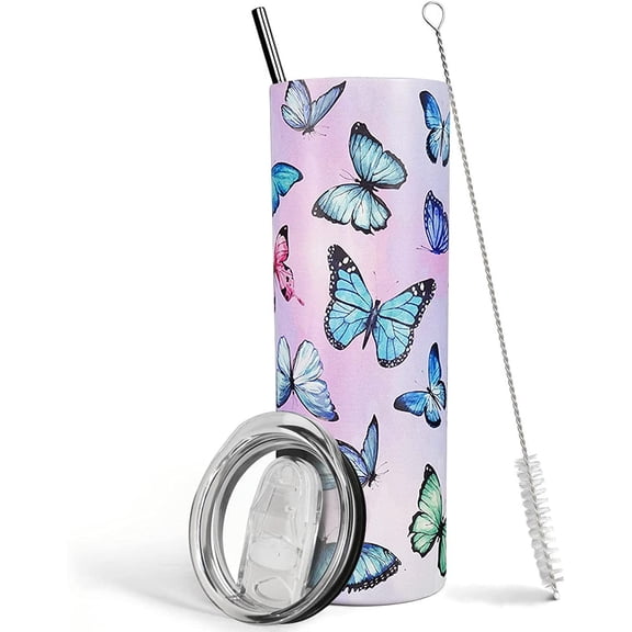 Butterfly Tumbler,20 Oz Skinny Tumbler with Lid and Straw,Butterfly Gifts for Women Mom Daughter Girlfriend Teenage Girls Bridesmaid,Purple Butterfly Travel Coffee Cup Mug