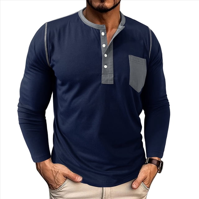 Camisetas Henley de Larga Raglán para Hombre, Informales, Ajustadas y A . Azul Real S