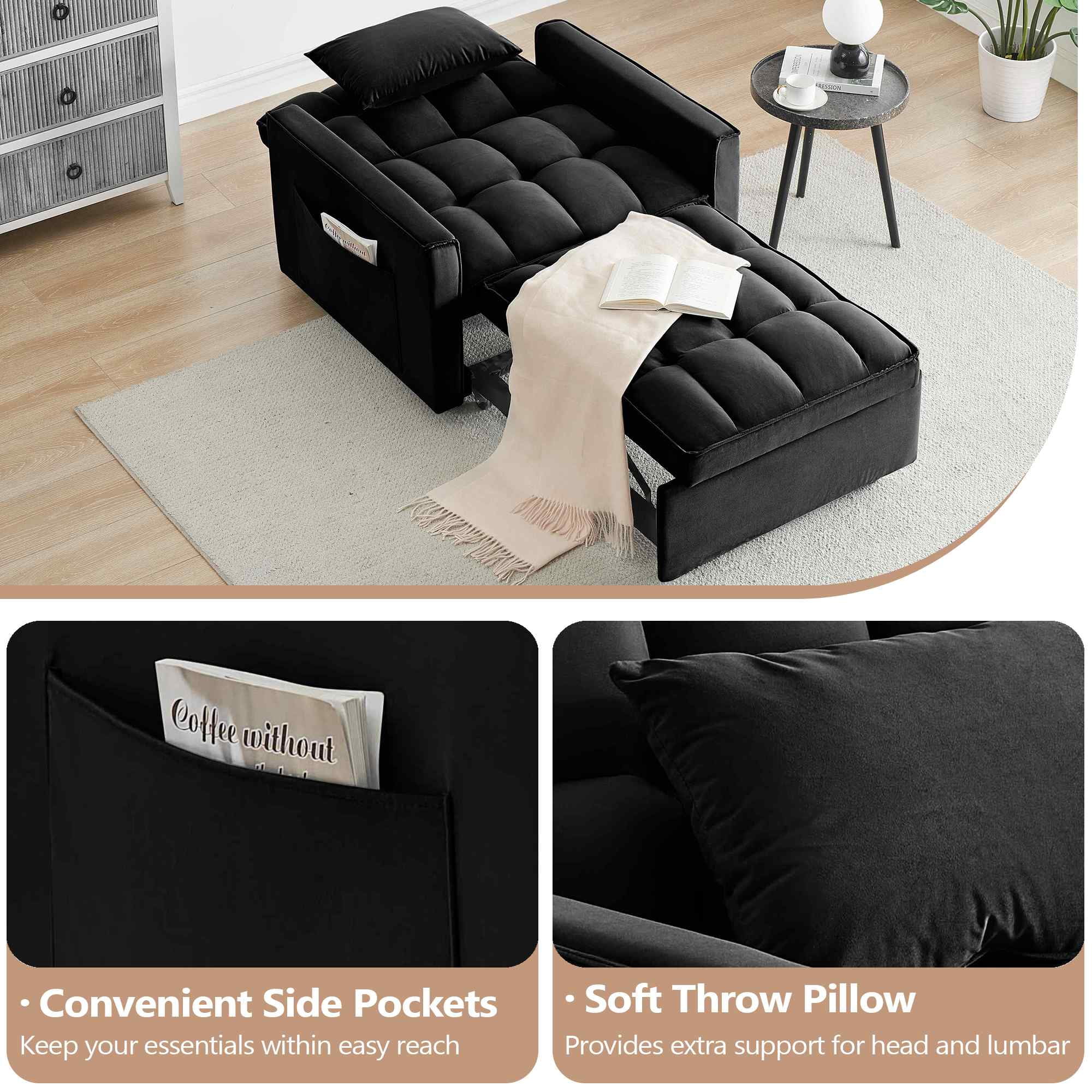 FFH Recliner Chair, Convertible Sofa Bed with Adjustable Backrest, Couch for Living Room, Bedroom, Black