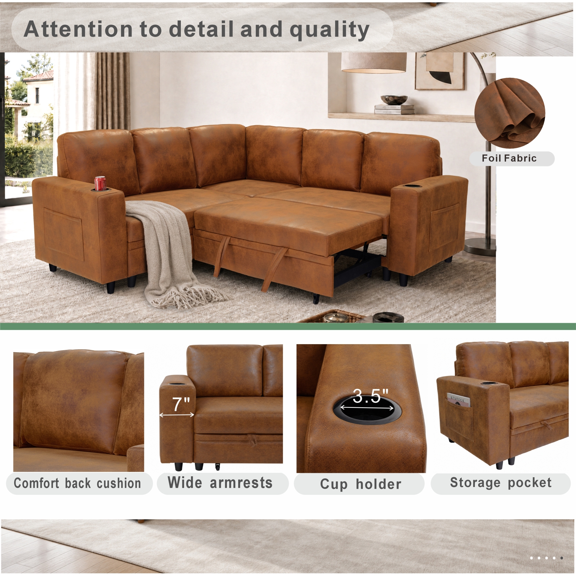 Leumius 76.5" Sectional Sleeper Sofa with Pull Out Bed,Storage Seat & Cup Holders,L-Shape Modern Upholstered Sofa Couch Convertible Corner Couch for Living Room,