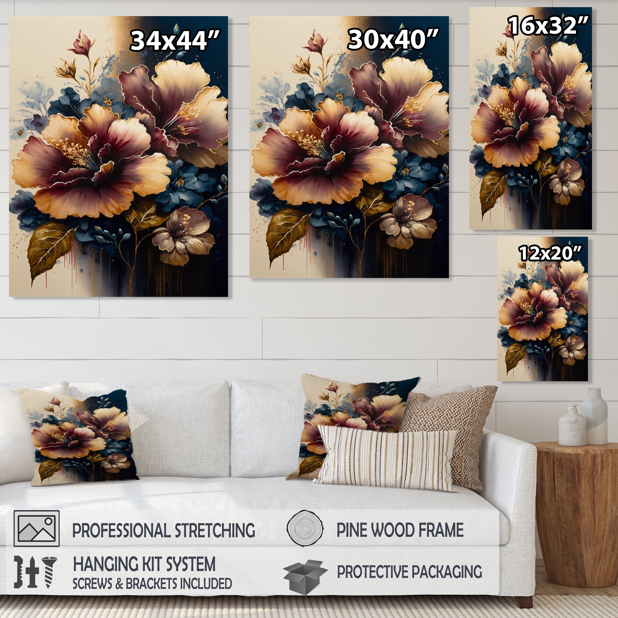 Designart Burgundy And Blue Hibiscus Bunch I Canvas Wall Art