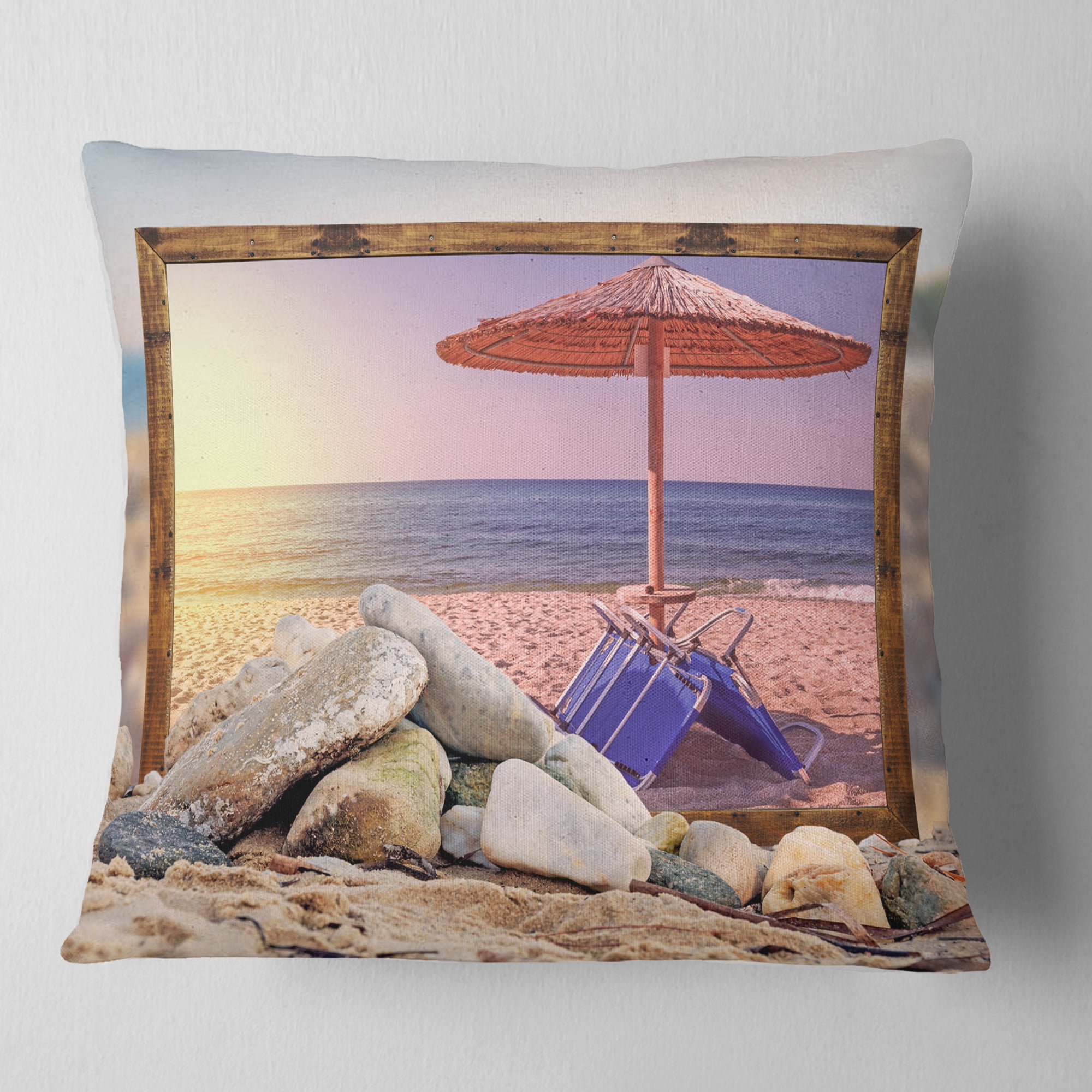 Designart Framed Effect Beach Sunset - Seashore Throw Pillow - 18x18
