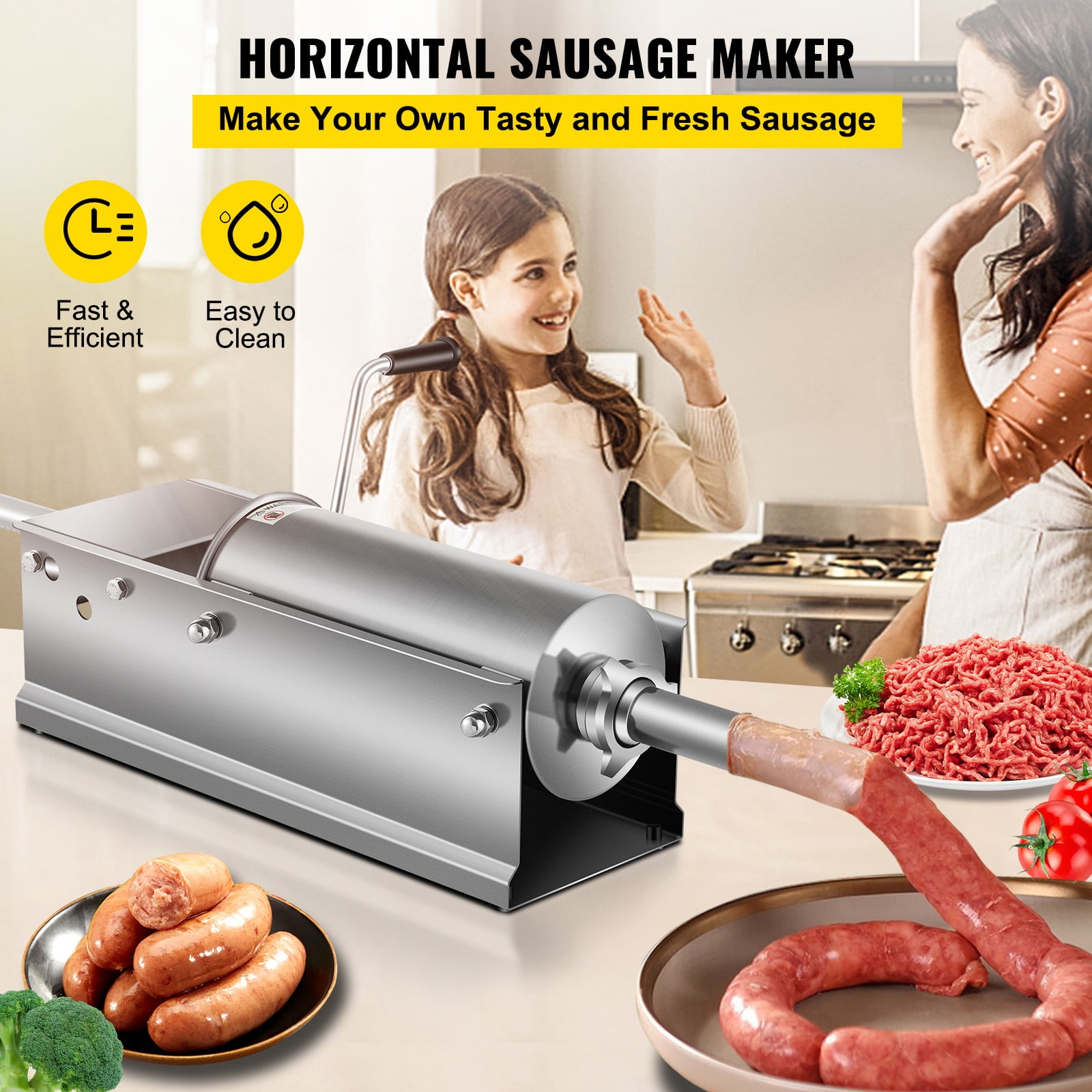 KFFKFF Hand-Operated Sausage Filler, 5 L / 11 LBS Horizontal Meat Injector, Two-Speed Food Processor, Constructed with Edible 304 Stainless Steel, Comes with 5 Filling Nozzles