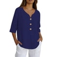 thumbnail image 3 of Women's Cotton Linen Tops Casual 3/4 Sleeve Button Down V Neck Blouses Lightweight Breathable Loose Fit Summer Vacation Shirts for Women Blue L, 3 of 9
