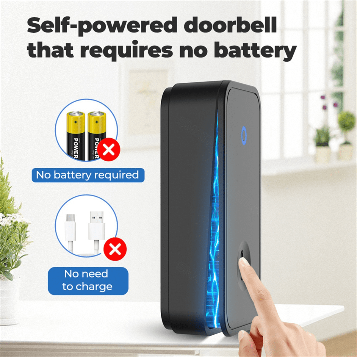 Self Powered Wireless DoorBell No Battery Waterproof Door Bell for Kids Elderly Caller 1 Button 2 Receiver US PLUG