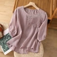 thumbnail image 2 of MIXUE Womens Summer Tops Solid Color Embroidery Round Neck Long Sleeve Retro Loose T-shirts Holiday Wear,Pink,XL, 2 of 9