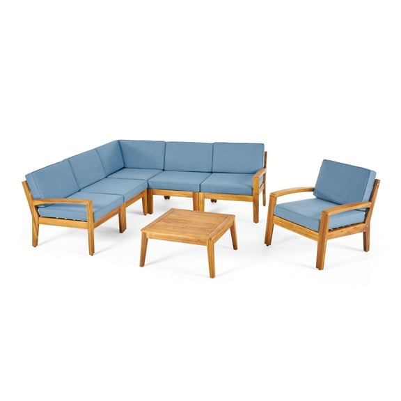 GDF Studio Parma Outdoor Acacia Wood 6 Seater Sectional Sofa and Club Chair Set, Blue