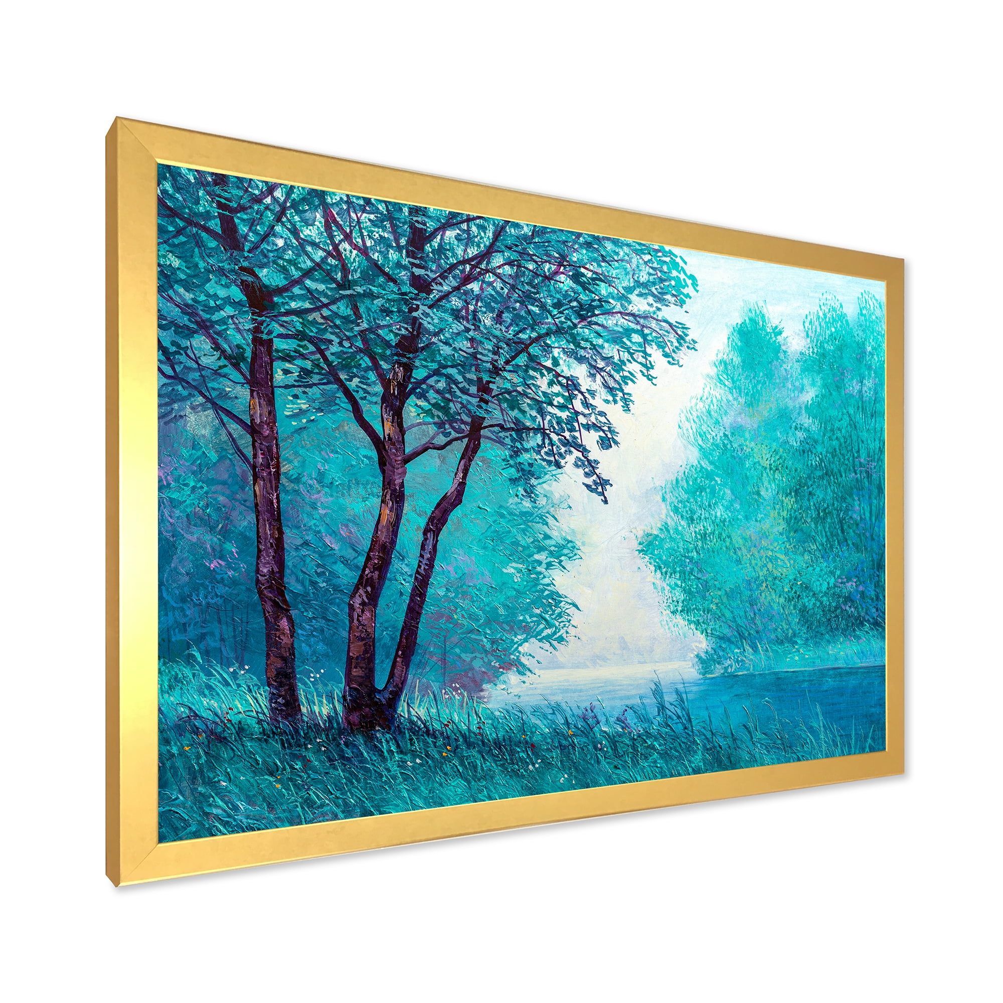 Designart 'Blue Coloured Tree Impression By Riverside' Lake House Framed Art Print
