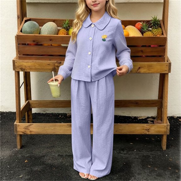 Amidoa Girls Summer Outfits 2 Piece Homewear Long Sleeve Cute Top and Casual Pants Kids Clothing Sets Purple Size 1