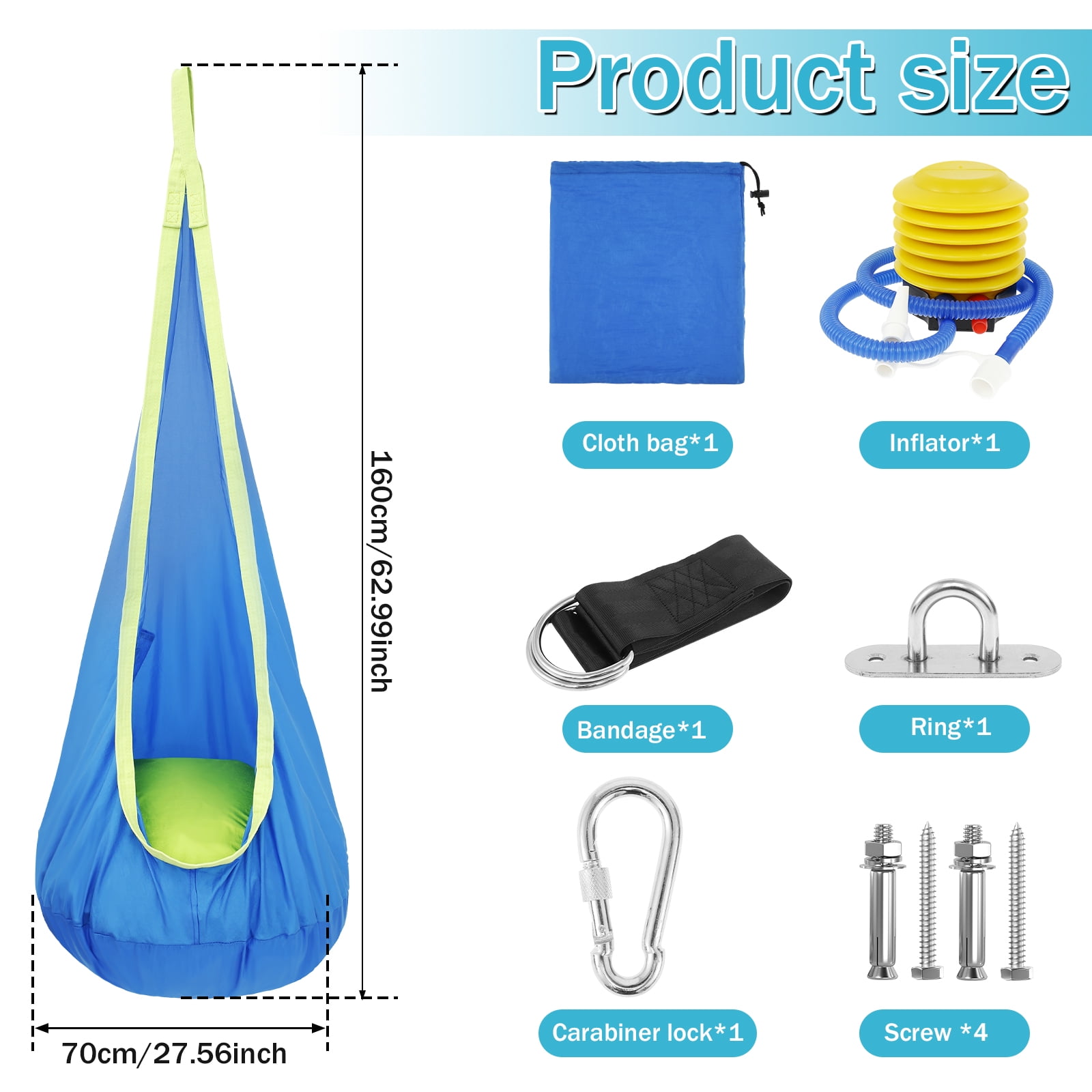 Kids Pod Swing Seat Hammock Chair Swing with Inflatable Pillow Hanging Hammock Chair Sensory Swing Chair with Pocket Max 200kg,62.99*27.56in