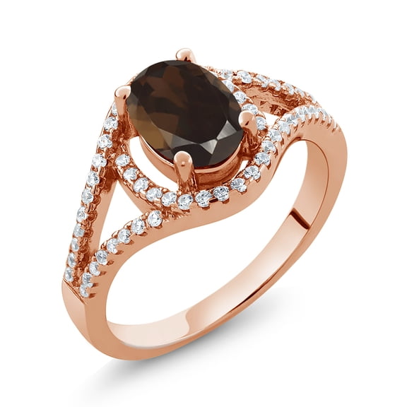 Gem Stone King 1.91 Ct Oval Brown Smoky Quartz 18K Rose Gold Plated Silver Ring (Size 7)