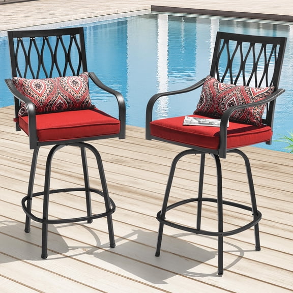 Nuu Garden 2-Piece Outdoor Patio Swivel Bar Stools, All-Weather Metal Bar Height Bistro Stools with Red Padded Cushions and Extra Pillows, Outdoor Furniture Bar Stools Set, Black