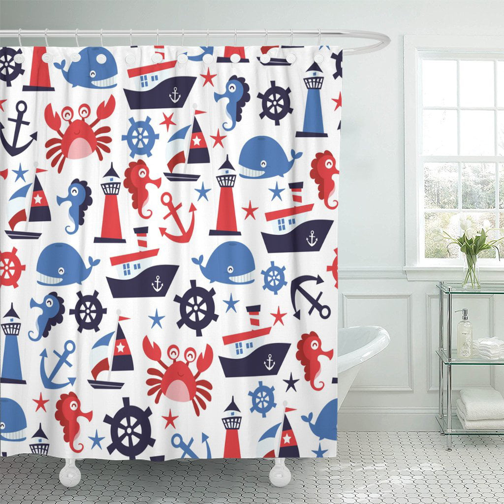 Nautical Whales and Anchor Shower Curtain Bathroom Fabric & 12hooks 71*71inches 