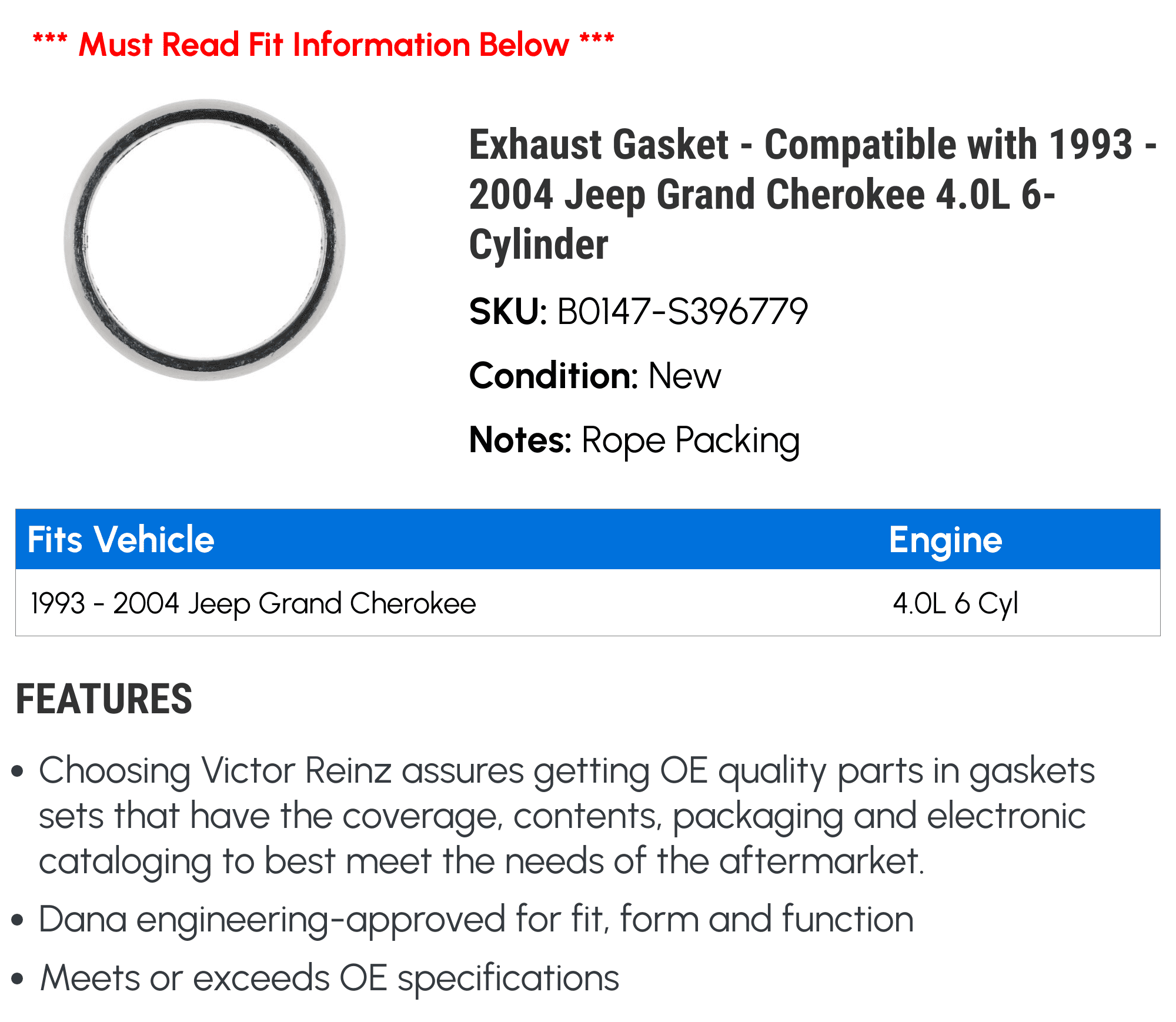 Exhaust Gasket - Compatible with 1993 - 2004 Jeep Grand Cherokee 4.0L 6-Cylinder 1994 1995 1996 1997 1998 1999 2000 2001 2002 2003