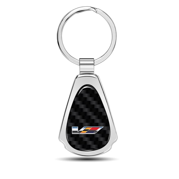 iPick Image for Cadillac V Logo Real Black Carbon Fiber Chrome Metal Teardrop Key Chain, Official Licensed