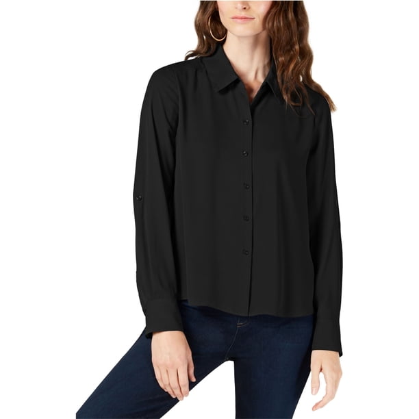 INC Camisa con botones sólidos para mujer, negro, mediano