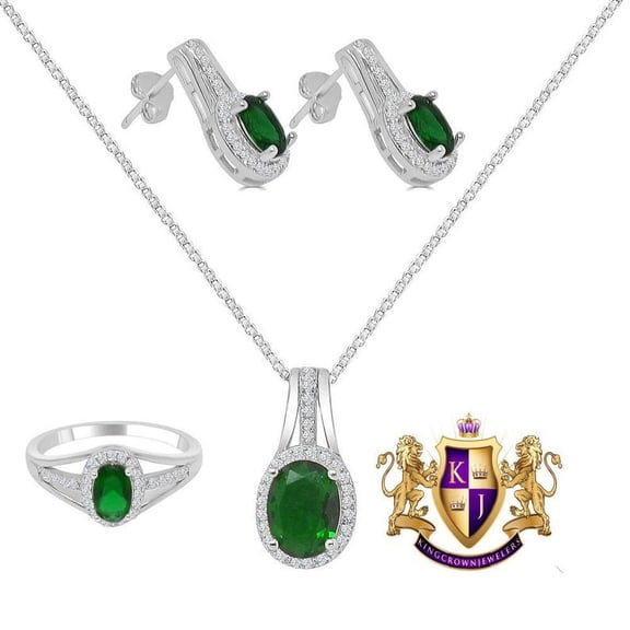 Emerald Green Real Sterling Silver 10K White Gold Over Pendent Charm Chain Neckless Earrings Ring 3 Piece Combo Set