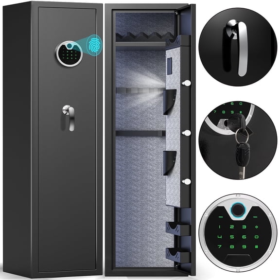 Kavey Biometric Fingerprint Gun Safe, 3-5 Long Gun Safes for Home Guns and Pistols, Long Metal Gun Safe with Adjustable Support Frame, Pistols Rack, Ammo Storage Shelf and Pistol Bag