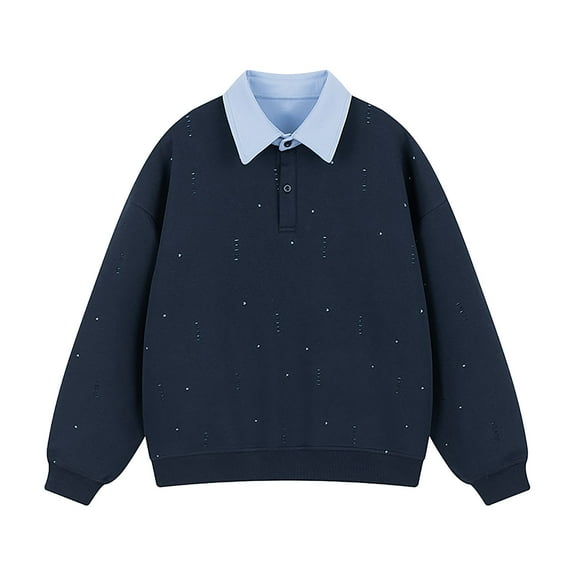 Casual Sweatshirts for Men Fall Trendy Plain Pullover Tops Loose Crewneck Sweatshirt Tops Long Sleeve Mens Clothes (XL, Navy|Collared)